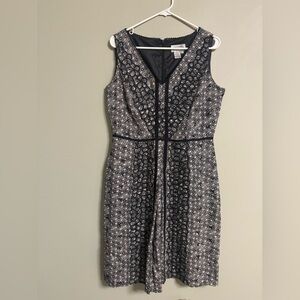 Adrianna Papell Linen Blend Black White Floral Linear Print A Line Dress Size 14